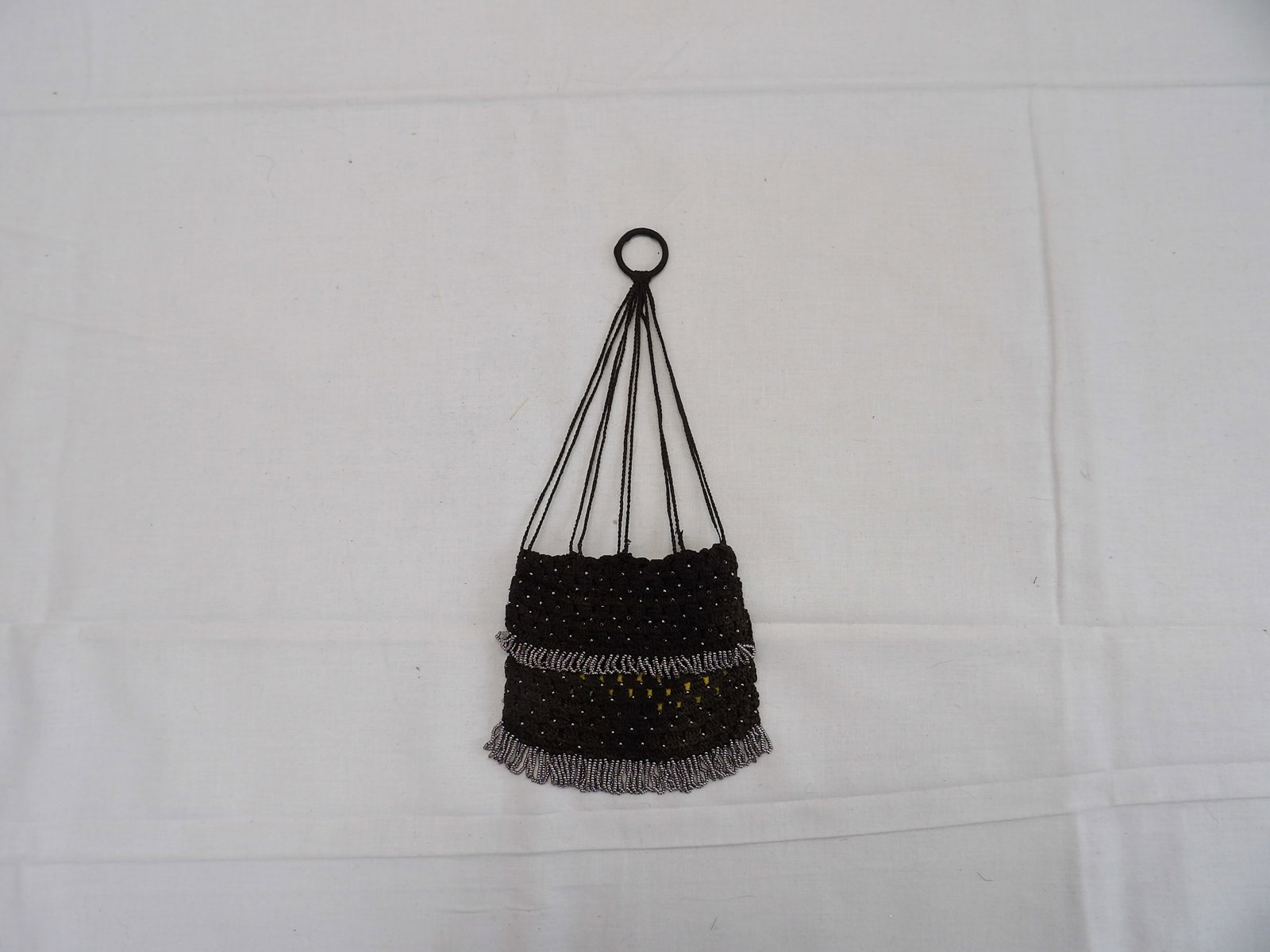 Antique Brown Crochet & Silver Beaded with Fringe Chatelaine/ Finger Purse: approx. 4 x 3 1/2, good condition, see photo's