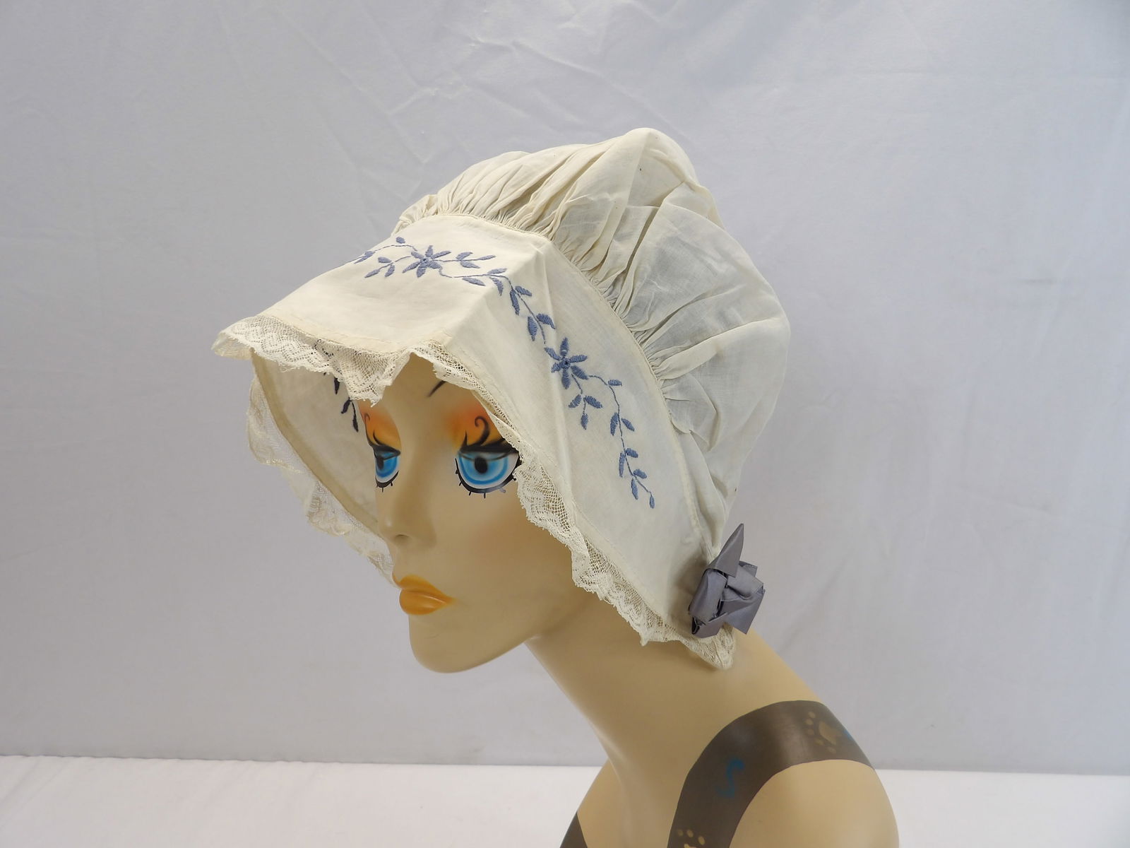 Antique Cotton & Lace Embroider Bonnet Night Cap "Hand Made by Aunt Mattie" (1 of 8)