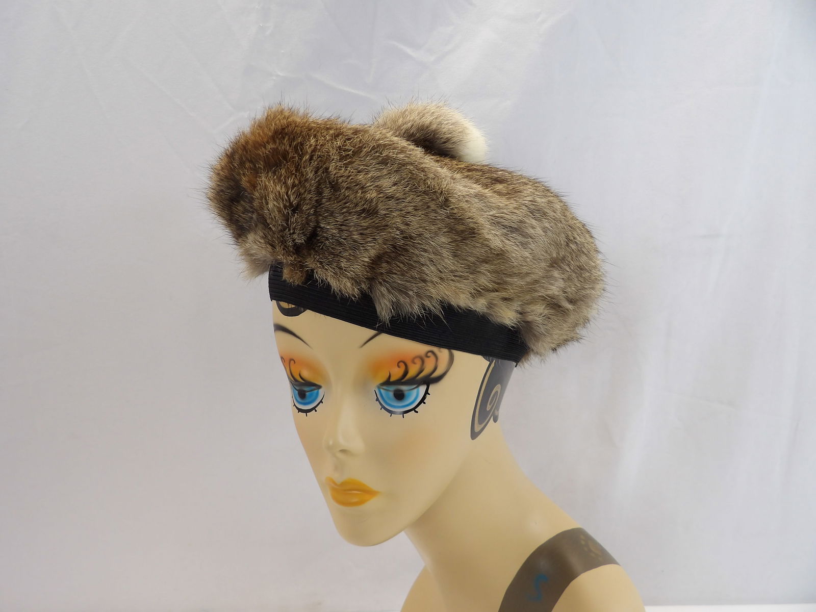 Vintage 1960's Brown Rabbit Fur Beret Style Hat with Pom Pom (1 of 8)