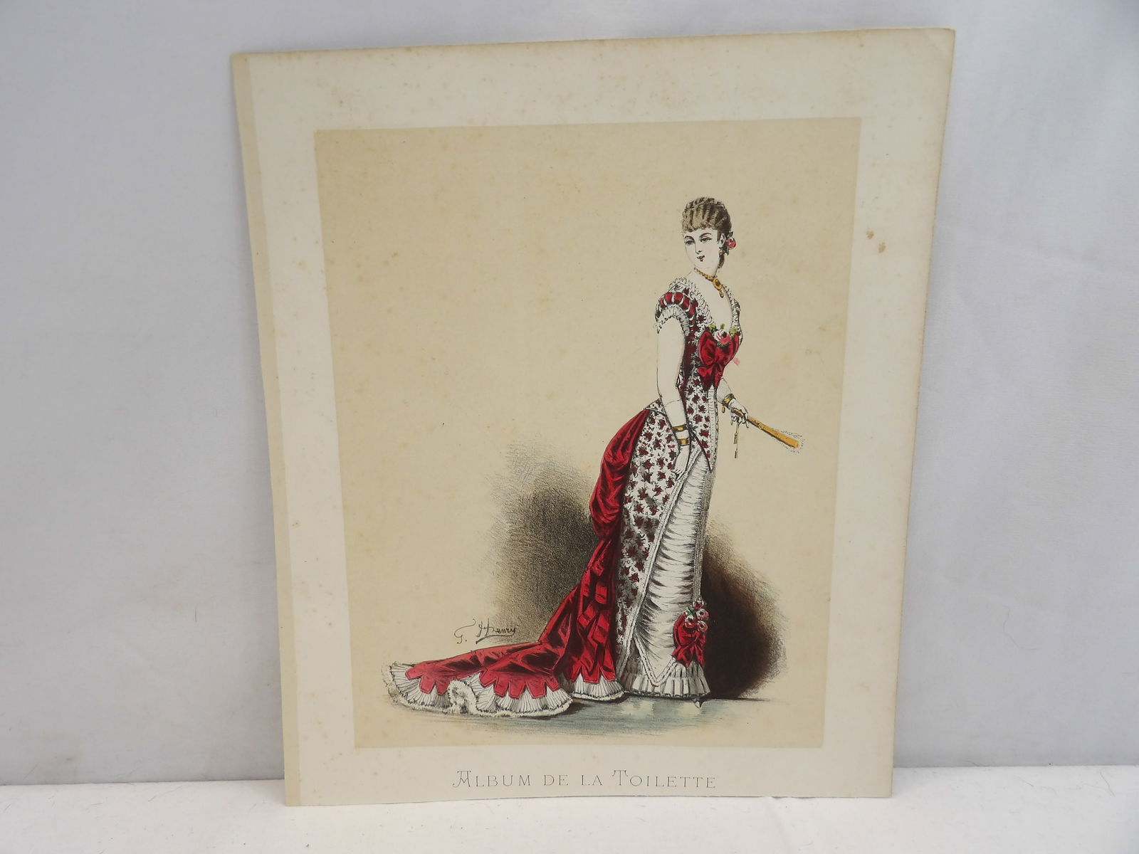 Antique Color Engraving G Henry, Album De La Toilette, Woman In Stunning Red Dress: approx. 10 1/4 x 12, see photo's