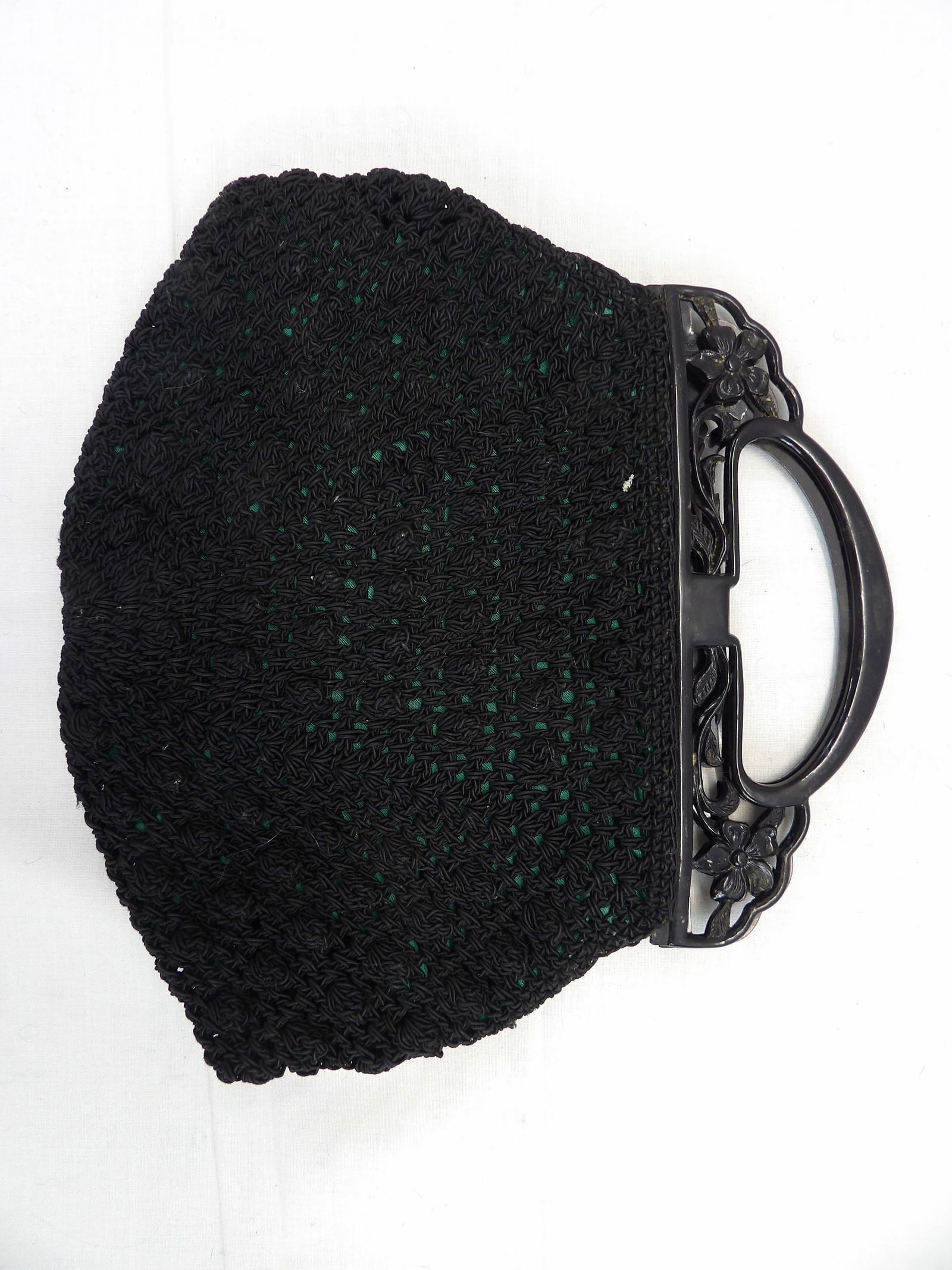 Vintage 1940's Black Crochet Purse with Black Fret Work Handle (1 of 5)