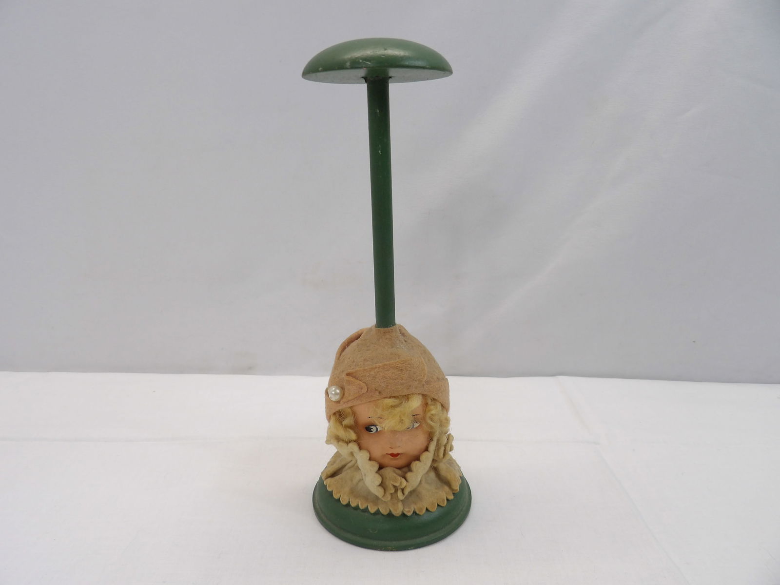 Vintage 1920's Composition Doll Head Hat Stand, Green with Peach (1 of 7)