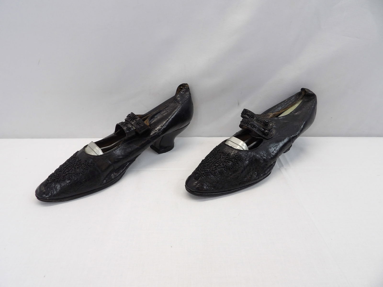 Antique Black Leather & Beaded Double Button Strap Shoes with Shoe Stretchers (1 of 13)