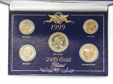 1999 Gold Plated 24K 5 Piece Collection in Case, Penny to Dollar