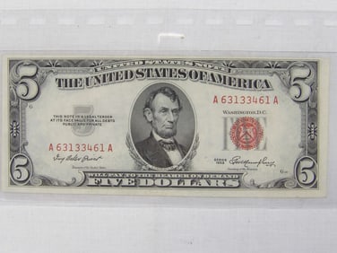 $5 Lincoln Red Seal Note Serial # A63133461A, Very Good