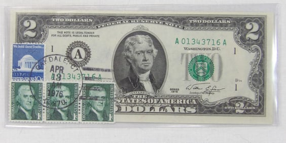 $2 Uncirculated 1976 US Note with Stamps & Postage Seal #A011343716A