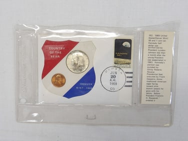 Denver Mint 1969 Coins, Penny & Kennedy Half & First Day Cover Apollo 8
