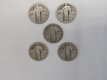 Lot of 5 Standing Liberty Silver Quarters 1925 & dates not readable