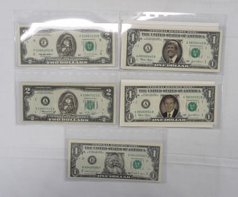 Lot of 5 One & Two Dollar Bills with Santa, Easter Bunny, Bush, & Kerry