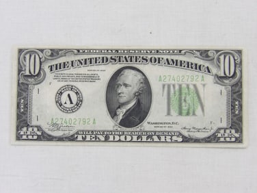 1934A Federal Reserve Boston Ten Dollar Bill with Light Green Seal