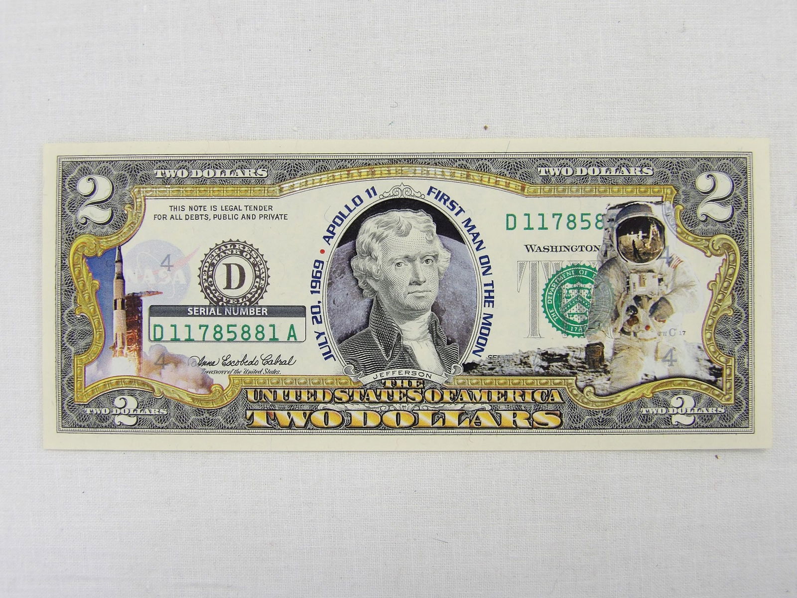 Uncirculated Two Dollar Bill, 1969 Apollo 11 First Man on The Moon (1 of 2)
