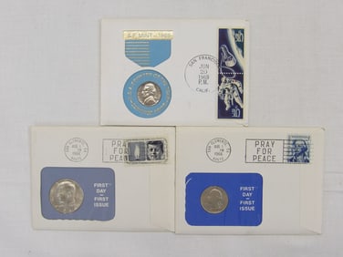 First Day Issue Coins & Stamps, 1966 Kennedy Half, 1966 Washington Quarter, 1969 Jefferson Nickel