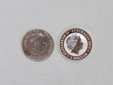 Lot of 2 Silver One Dollar & 2 Pounds Elizabeth II One oz. Silver Coins