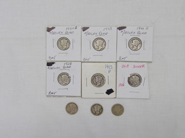 Lot of 9 Silver Mercury Dimes 1904-1944