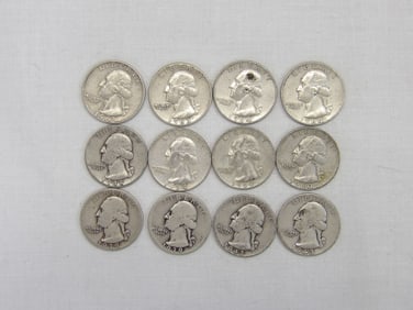 Lot of 12 Silver Washington Quarters, 1939-1964