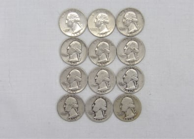 Lot of 12 Silver Washington Quarters 1936-1964