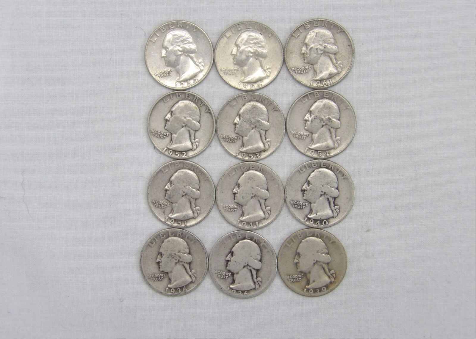 Lot of 12 Silver Washington Quarters 1936-1964 (1 of 6)