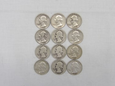 Lot of 12 Silver Washington Quarters, 1934-1964