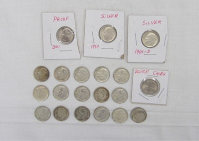 Lot of 18 Silver Roosevelt Dimes & 2011, 2017-P Roosevelt Dimes