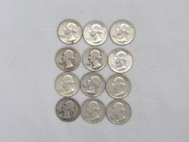 Lot of 12 Silver Washington Quarters 1935-1964