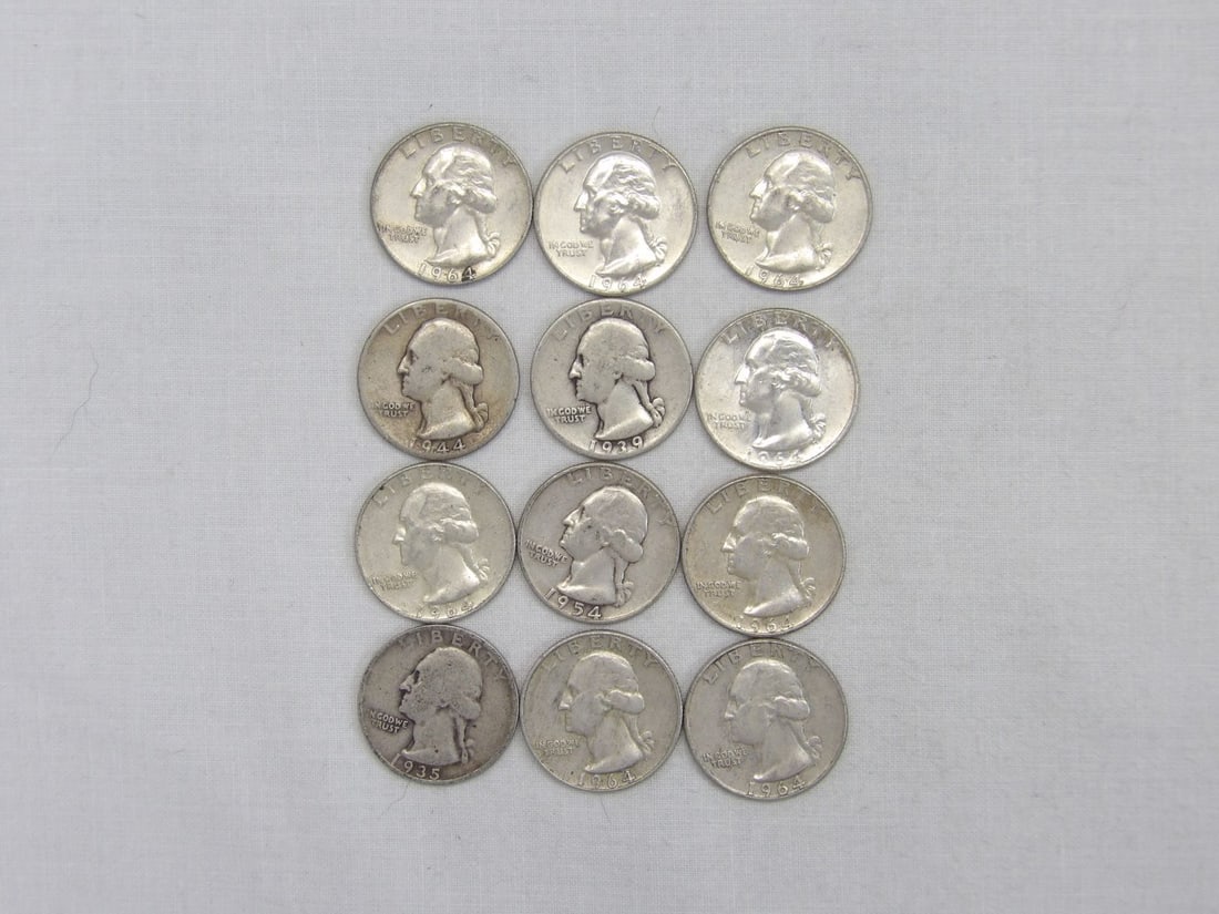 Lot of 12 Silver Washington Quarters 1935-1964: see photo's