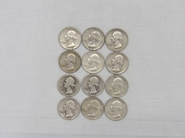 Lot of 12 Silver Washington Quarters 1937-1964