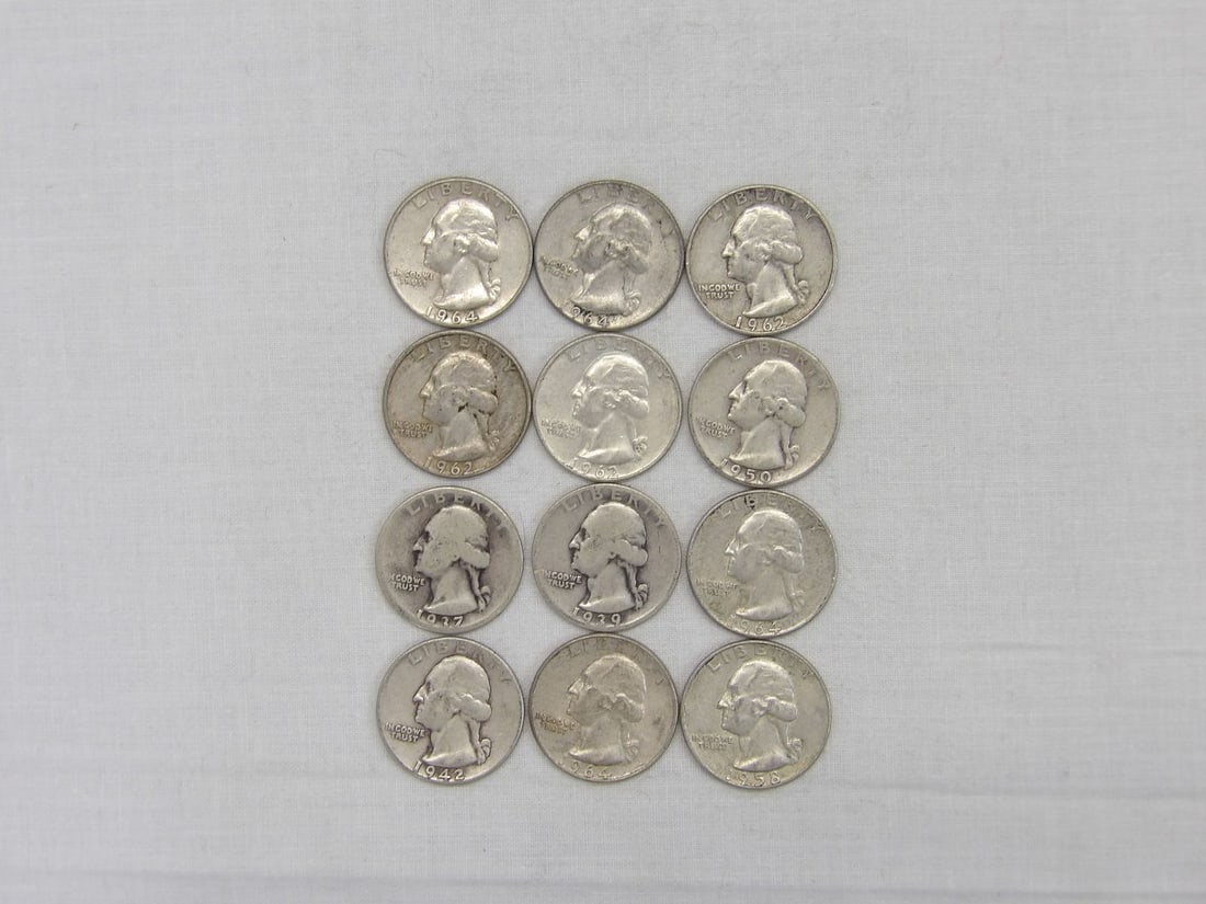 Lot of 12 Silver Washington Quarters 1937-1964: see photo's