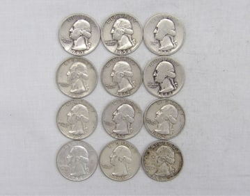 Lot of 12 Silver Washington Quarters 1937-1964