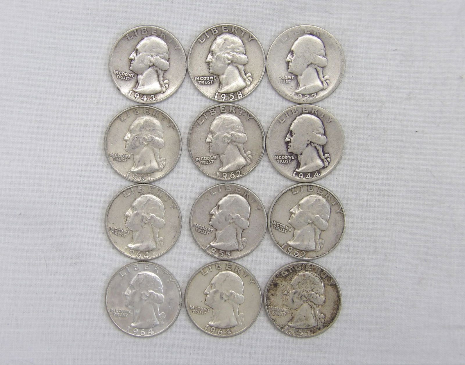 Lot of 12 Silver Washington Quarters 1937-1964 (1 of 6)