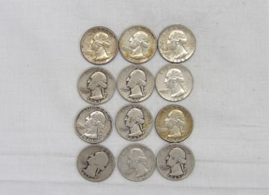 Lot of 12 Silver Washington Quarters 1935-1964