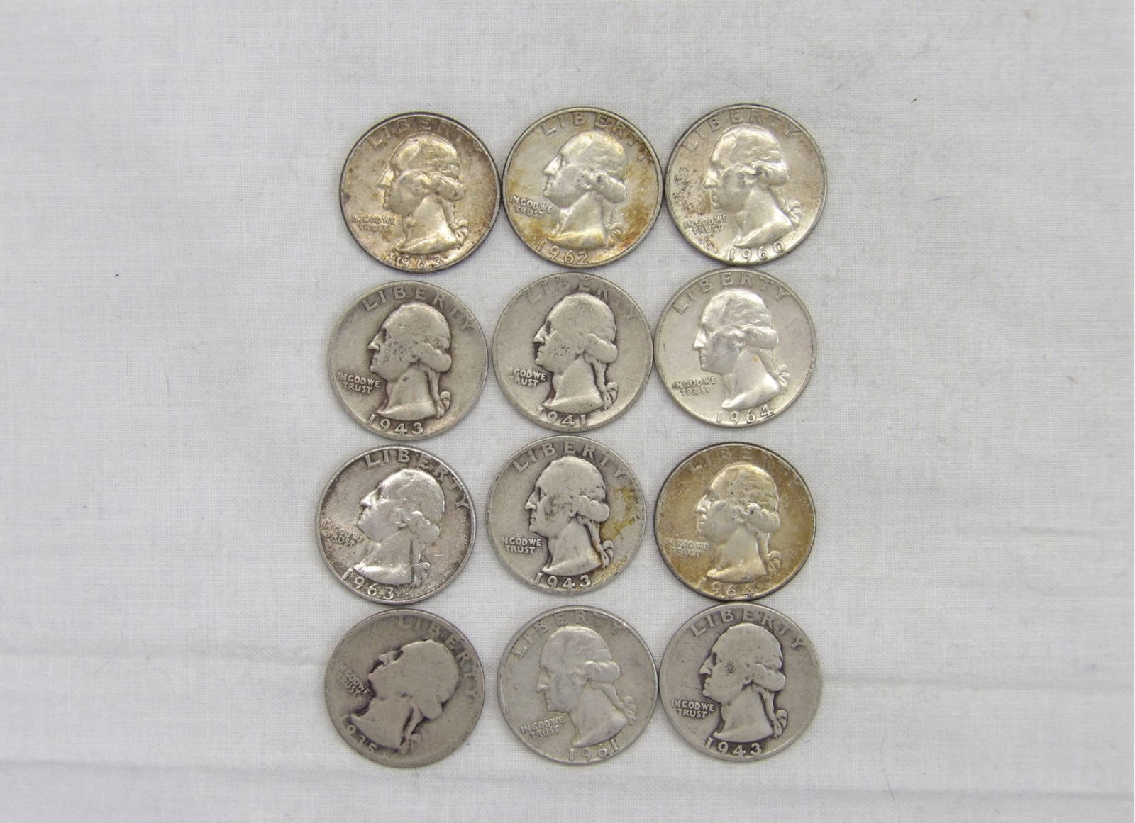 Lot of 12 Silver Washington Quarters 1935-1964 (1 of 6)