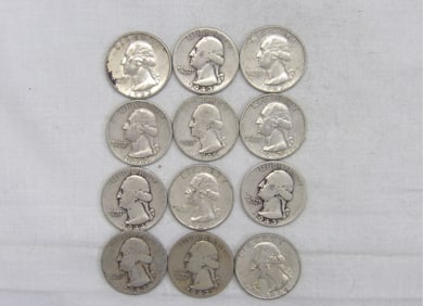Lot of 12 Silver Washington Quarters 1935-1964