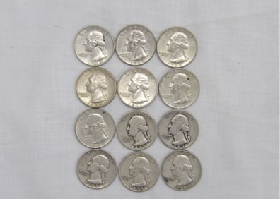 Lot of 12 Silver Washington Quarters 1943-1964