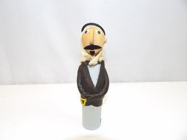 Vintage Hand Carved Wood Shepard Figurine with Leather & Cotton Clothing, Israel