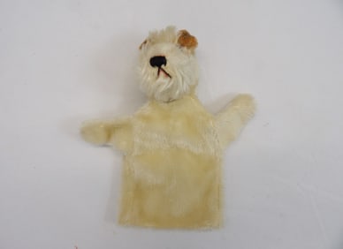 Vintage Steiff Mohair Dog Hand Puppet with Straw Stuffed Head, Original Ear Tag
