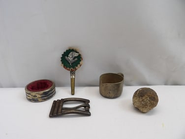 Lot of 5 Miscellaneous Items, Stone Musket Ball, Cup, Dog Finial, & Other