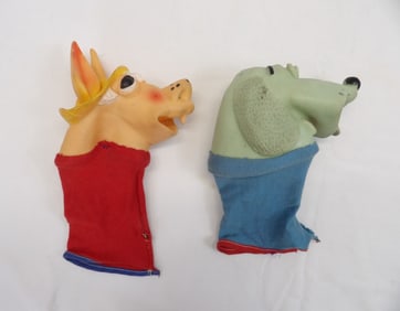 Lot of 2 Vintage 1960's Dog & Donkey Hand Puppets with Rubber Heads Tarcher Co.
