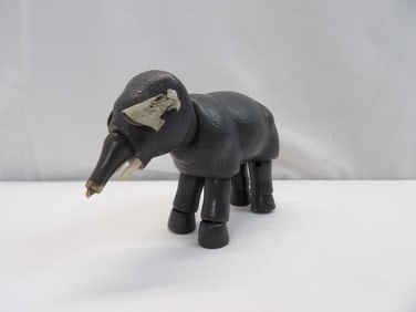 Antique Wood Carved Elephant with Leather Ears, Moveable Head & Legs