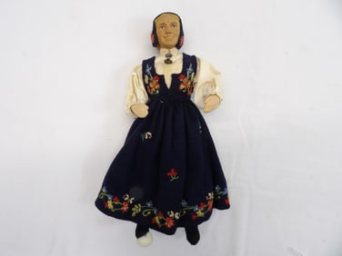 Antique Carved Wood Head Swiss Doll with Embroidered Dress