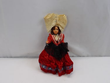 Vintage Celluloid Doll with Red Velvet Dress