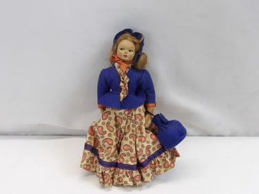 Antique Chad Valley Co England Doll in Paisley Dress with Blue Bonnet, Jacket & Purse