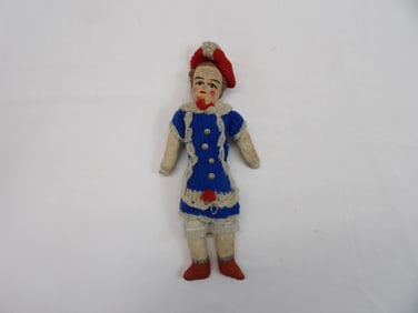 Antique Hand Made Cheese Cloth Doll with Hand Knit Dress & Hat