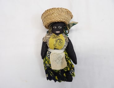Vintage Hand Made Jamaican Doll, Large Wicker Hat & Metal Hoop Earrings