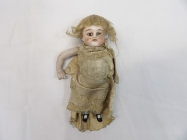 Antique Miniature Bisque Doll Open Eyes, Silk Dress