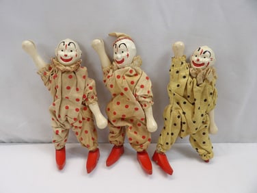 Lot of 3 Vintage Clown Dolls, Hand Painted, Jointed Wood Body & Limbs