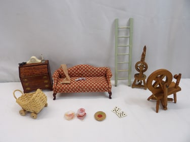 Lot of Vintage Doll House Furniture & D?cor, Wood, Wicker, Upholstered & Other