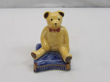 Vintage Crackle Porcelain Teddy Bear on Stool
