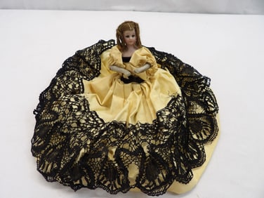 Antique Miniature Bisque Doll with Yellow & Black Lace Gown