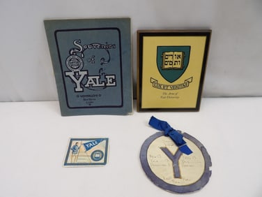 Lot of 4 Yale University Ephemera Souvenirs with Cigar Card & 1908 Leather Patch, Catalog & Plaque