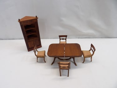 Lot of Vintage Wooden Doll House Furniture Dining Room Table & Chairs with Corner China Cabinet